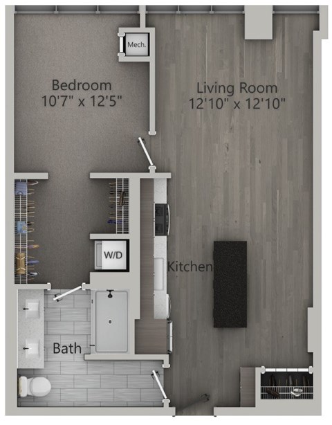 Floor plan for 1 bed, 1 bath, 710 sqft